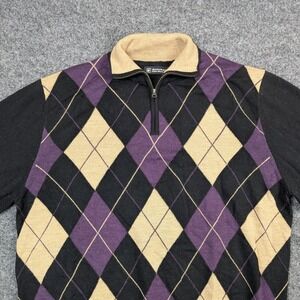 Bachrach Mens Large Black Purple Argyle 100% Italian Merino Wool 1/4 Zip Sweater